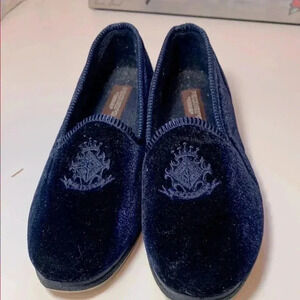 Packard by Foamtreads Crown Crest Navy Velvet Loafers  w 1” wedge heel.